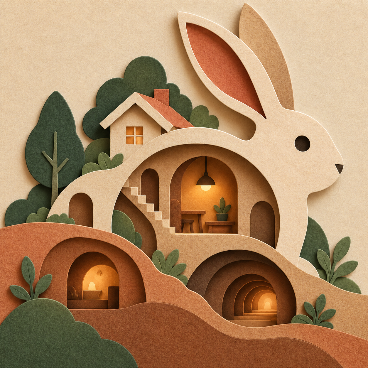 종이로 쌓아 만든 토끼 모양의 집과 나무 · A layered paper rabbit house and trees